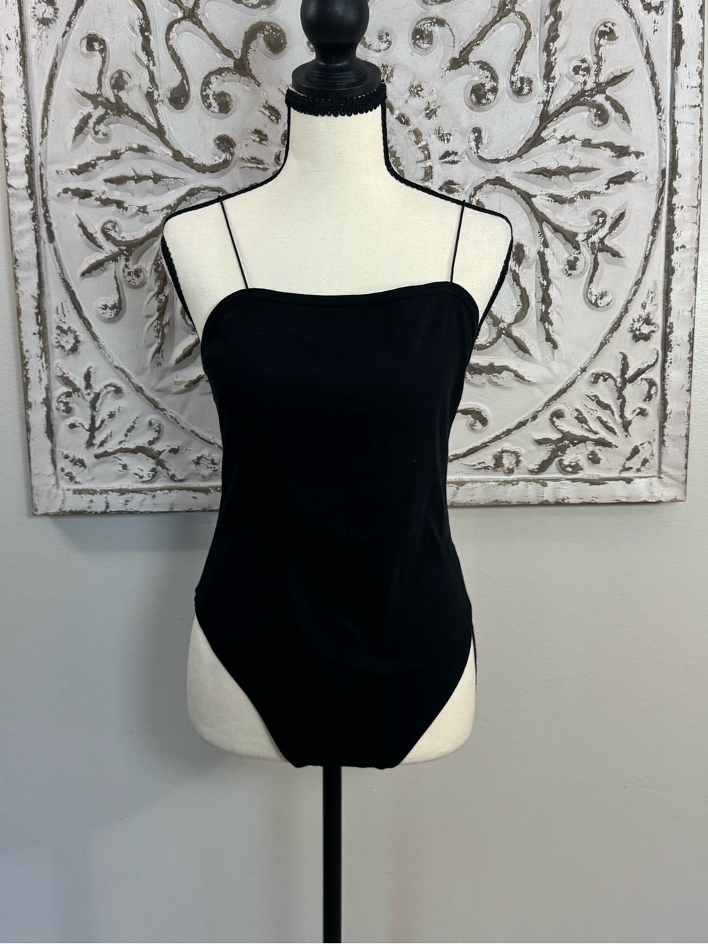 Wild Fable L Black Spaghetti Strap Bodysuit Square Neck Ribbed Fitted Basic Y2K